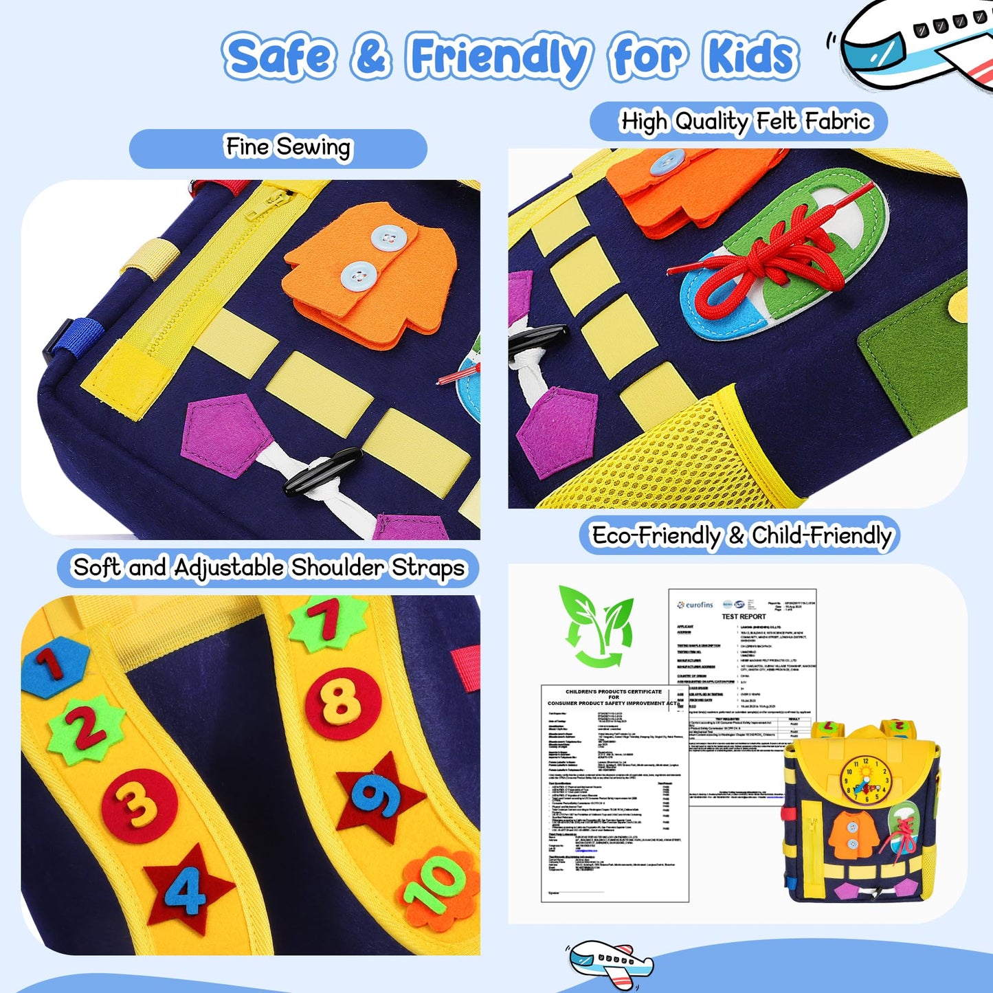URMYWO Busy Board - Toddlers Backpack for 3-7 Year Old - Montessori Sensory Toys with Numbers Buckles - Develop Life Skills Learning Activity Fine Motor Skills Toddler Travel Toys Birthday Gifts
