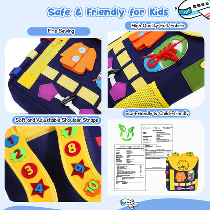 URMYWO Busy Board - Toddlers Backpack for 3-7 Year Old - Montessori Sensory Toys with Numbers Buckles - Develop Life Skills Learning Activity Fine Motor Skills Toddler Travel Toys Birthday Gifts