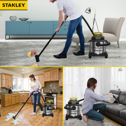 STANLEY SL18115 Wet/Dry Vacuum, 4 Horsepower, Stainless Steel Tank, 5 Gallon, 4.0 HP, 50" Sealed Pressure, Silver+Yellow