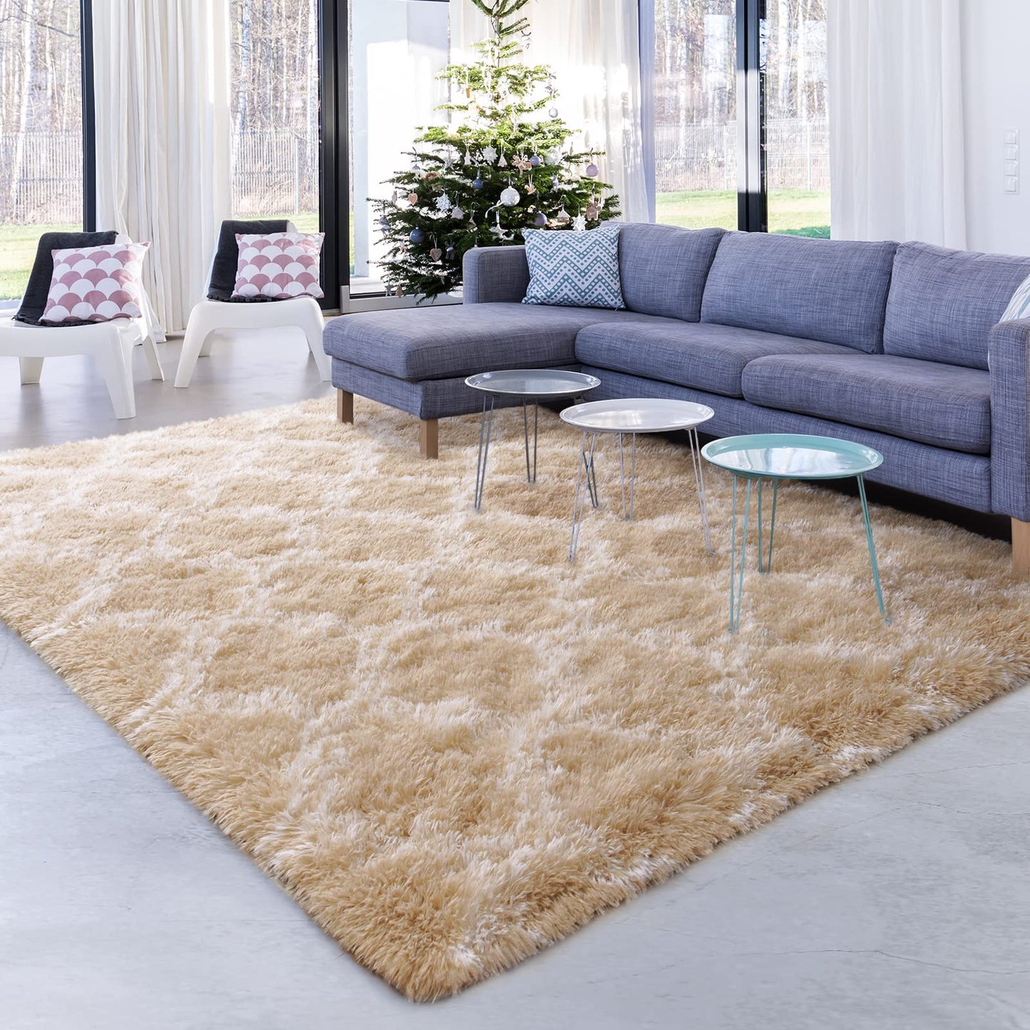 Unirea 6x9 Feet Luxury Shag Area Rug Modern Indoor Plush Fluffy Rugs, Super Soft and Fuzzy Carpet, Geometric Rugs for Bedroom Living Room Girls Kids Nursery, Beige/White