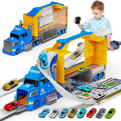 Carsky Truck Toy Cars W/Race Track for Toddlers Toys for 2 3 4 5 6 Year Old Boy Birthday Gifts, 2 in1 Carrier Toy Trucks W/Car Track, Cars Toys W/ 8 Race Cars, Boys Toys for Ages 2-4 3-5 4-6 5-7