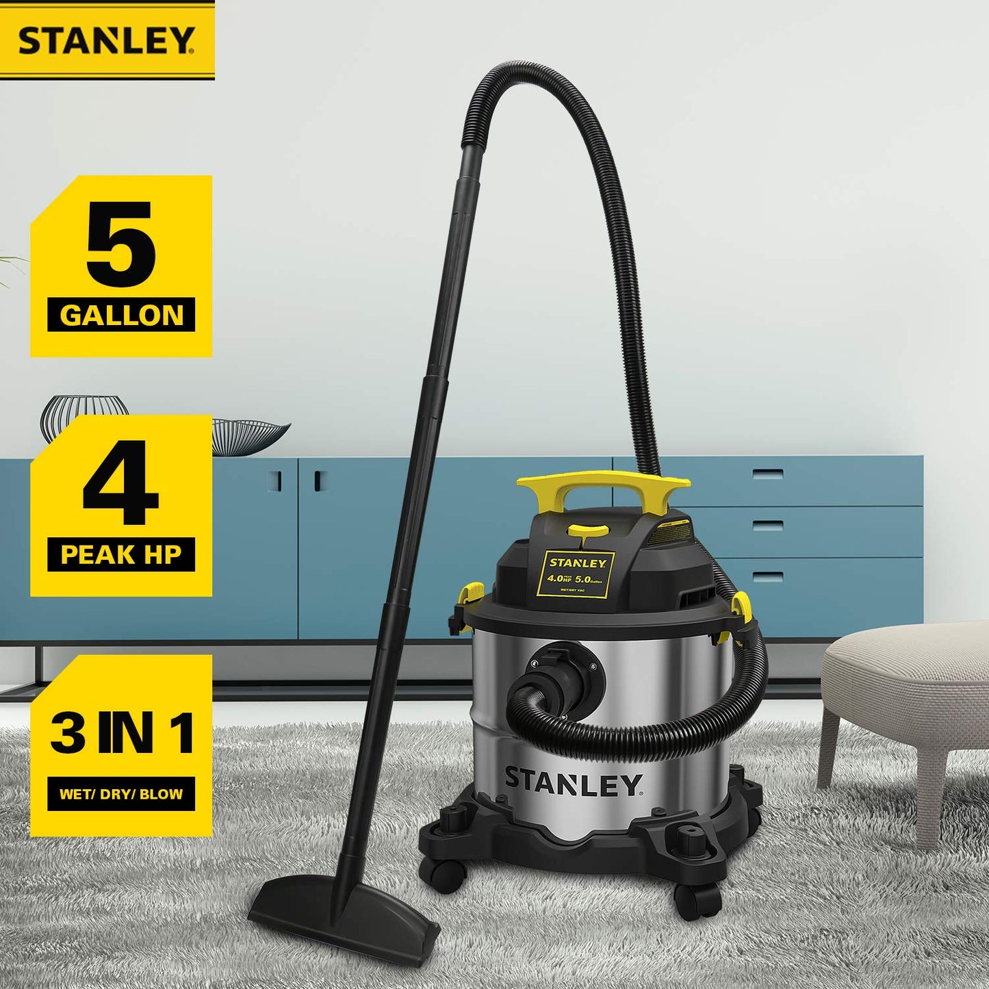 STANLEY SL18115 Wet/Dry Vacuum, 4 Horsepower, Stainless Steel Tank, 5 Gallon, 4.0 HP, 50" Sealed Pressure, Silver+Yellow