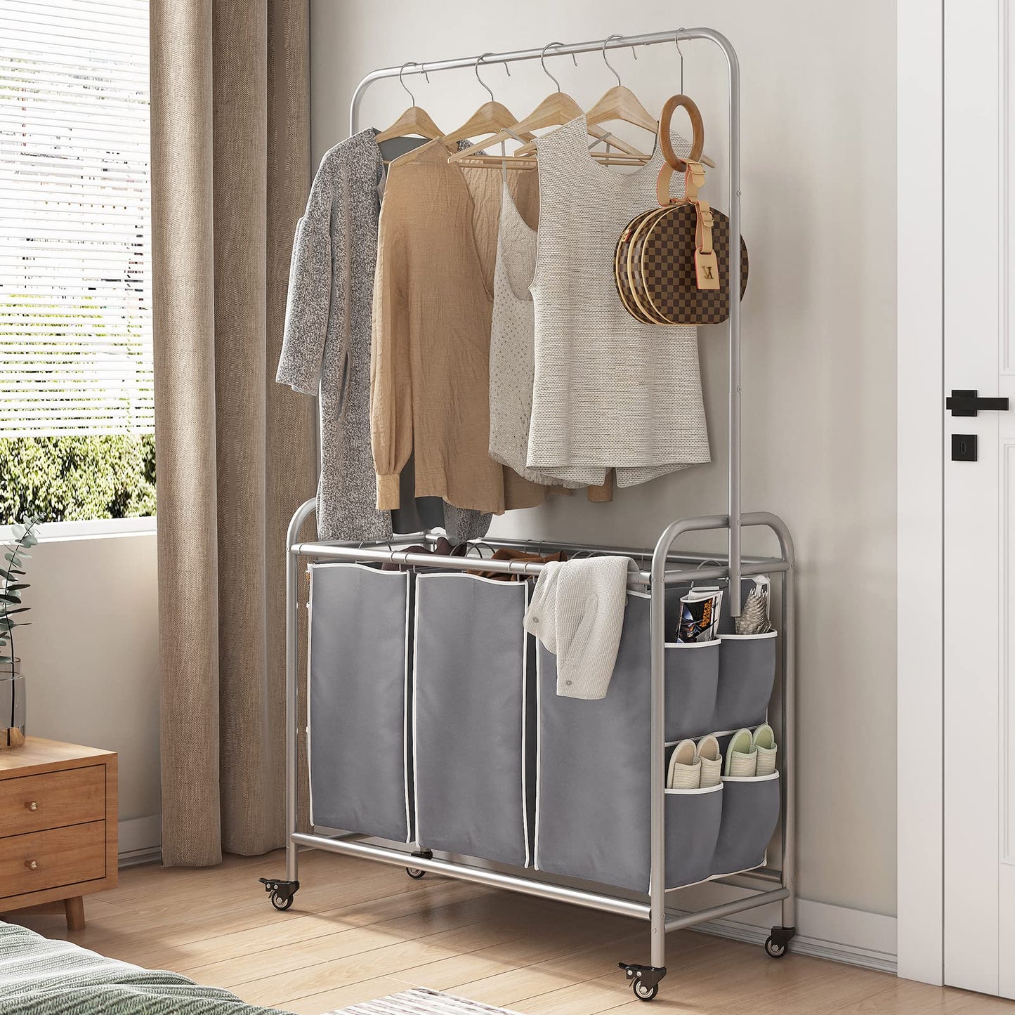 Laundry Sorter 3 Bag Laundry Hamper Cart with Clothes Hanging Bar Rolling Lockable Wheels and Removable Bags for Laundry Room Bathroom Bedroom Clothes Storage, Grey