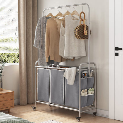 Laundry Sorter 3 Bag Laundry Hamper Cart with Clothes Hanging Bar Rolling Lockable Wheels and Removable Bags for Laundry Room Bathroom Bedroom Clothes Storage, Grey