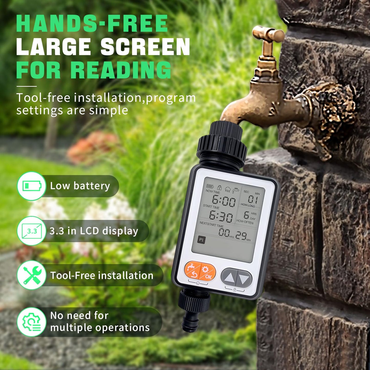 Sprinkler Timer for Garden Hose, 10 Programmable Water Timer with with Auto Rain Delay, IP54 Waterproof 3.3“ Large LCD Drip Irrigation System Timers for Plant, Yard, Lawns, Outdoor