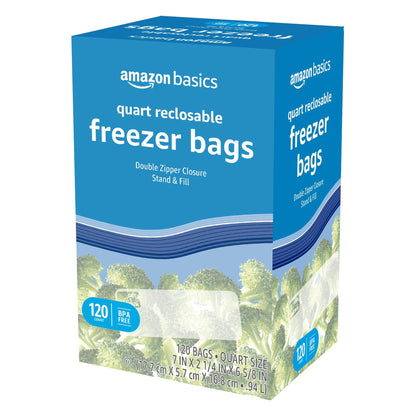 120 Count Amazon Basics Freezer Quart Bags