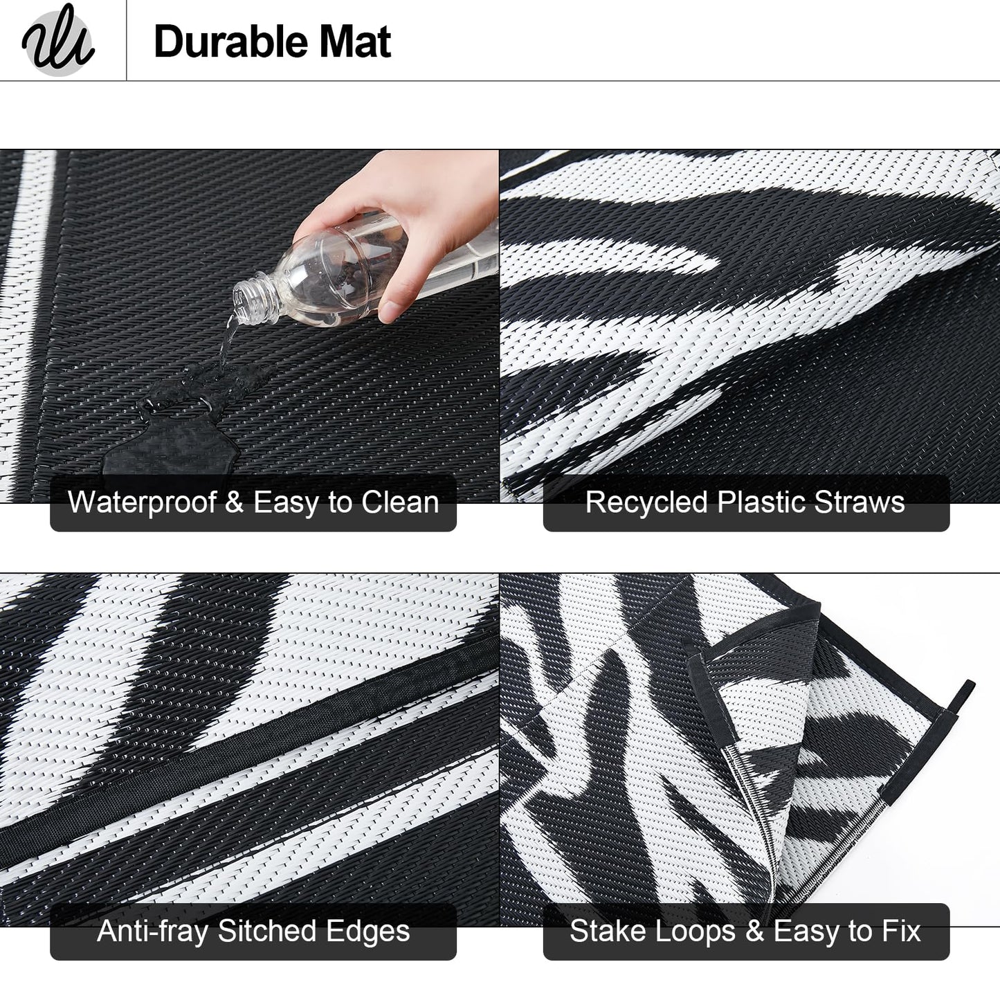 WondRg Outdoor Waterproof Patio Rug 5x8 Plastic Straw Reversible Lightweight Outdoor Area Carpet for Camping RV Picnic Backyard Deck Balcony Porch Beach Black and White Zebra