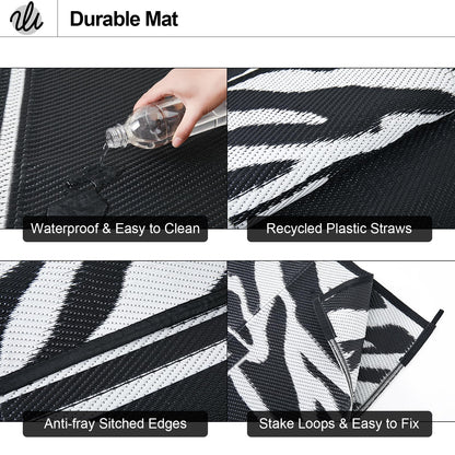 WondRg Outdoor Waterproof Patio Rug 5x8 Plastic Straw Reversible Lightweight Outdoor Area Carpet for Camping RV Picnic Backyard Deck Balcony Porch Beach Black and White Zebra