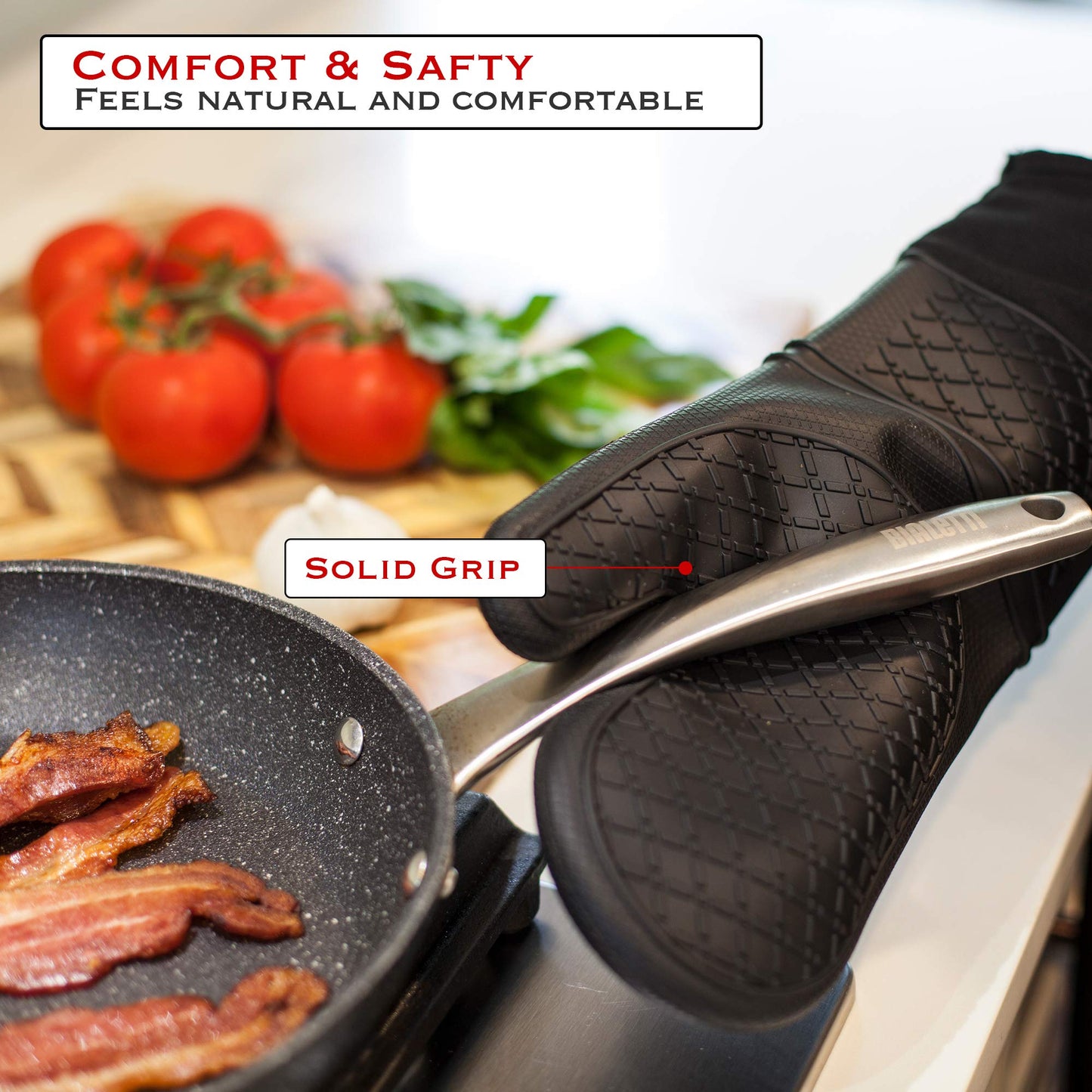 EHOMEA2Z Silicone Oven Mitts Pot Holders Heat Resistant Extra Long 2 Pcs Kitchen Cooking BBQ Black (14.5, Black)