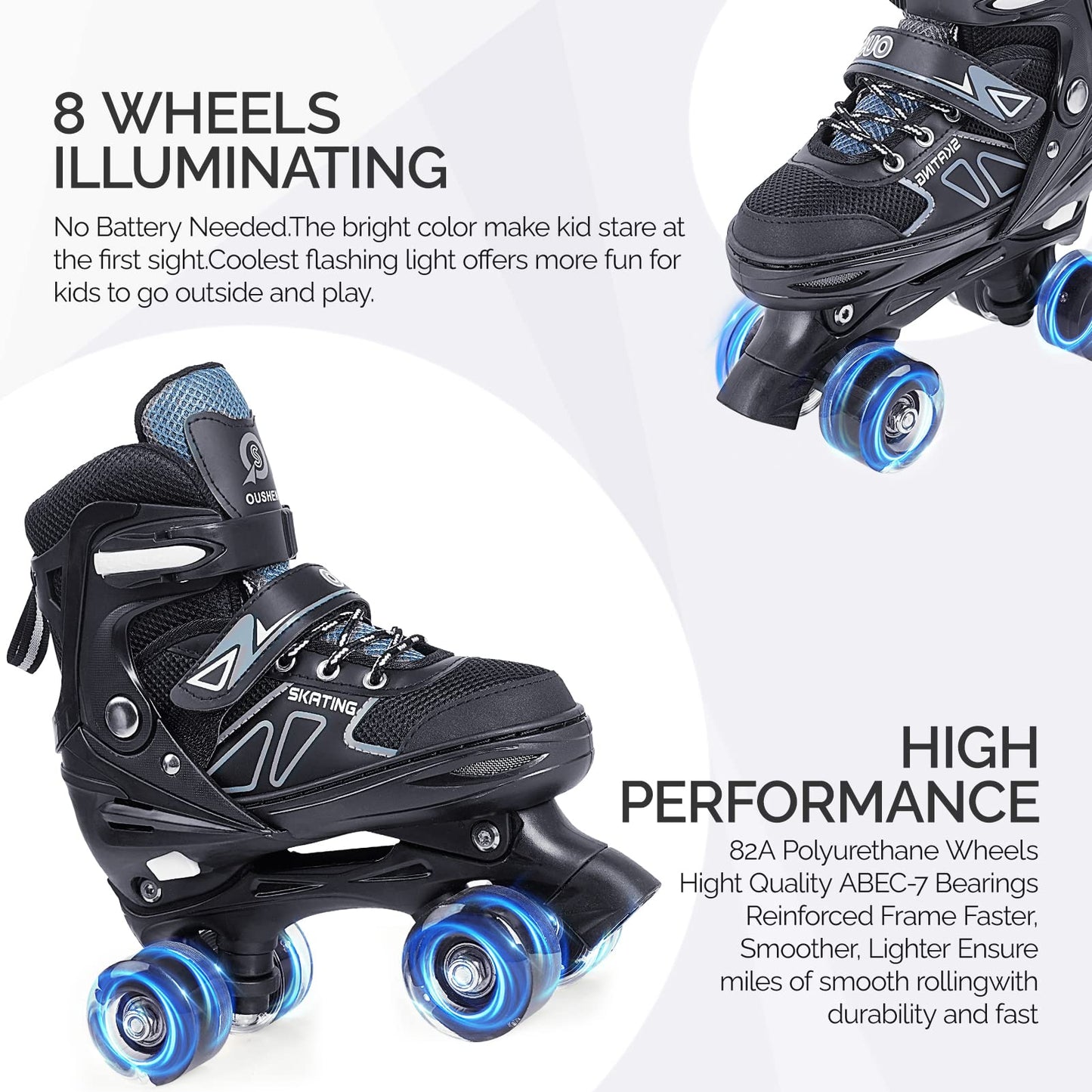 CELCELETOY Kids Roller Skates,with Sparkling Glowing Wheels and 4 Adjustable Sizes of Boys Roller Skate, Roller Skate Suitable for Boys Aged 3-12 and Kid Rollerskates for Indoor and Outdoor Sports