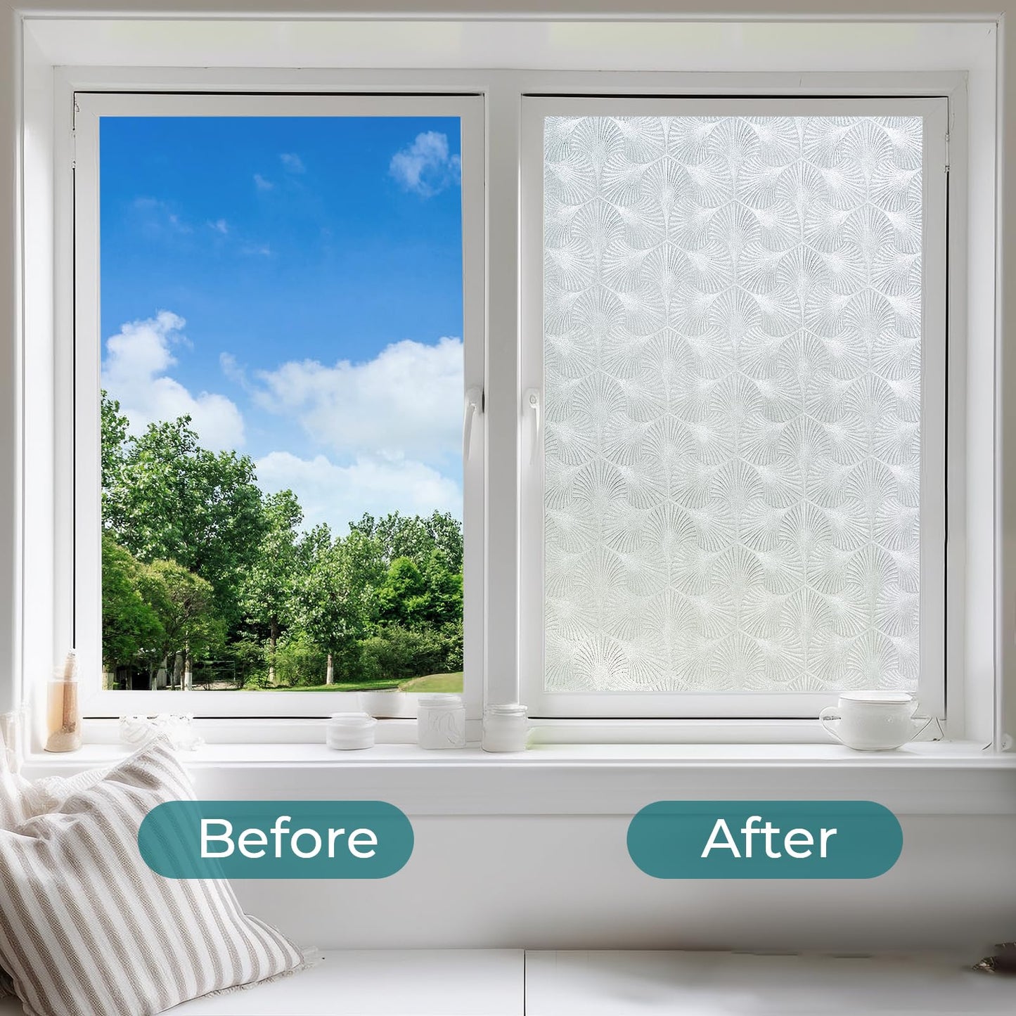 Windimiley Privacy Window Film Frosted Glass Window Cling Bathroom Peel and Stick Sun Blocking Decorative Ginkgo Opaque Door Window Tint for Home，17.4x78.7in