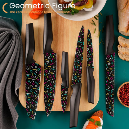 Astercook Knife Set, 12 Pcs Geometric Figure Kitchen Knife Set, 6 Anti-Rust Coating Stainless Steel Kitchen Knives with 6 Blade Guards, Dishwasher Safe