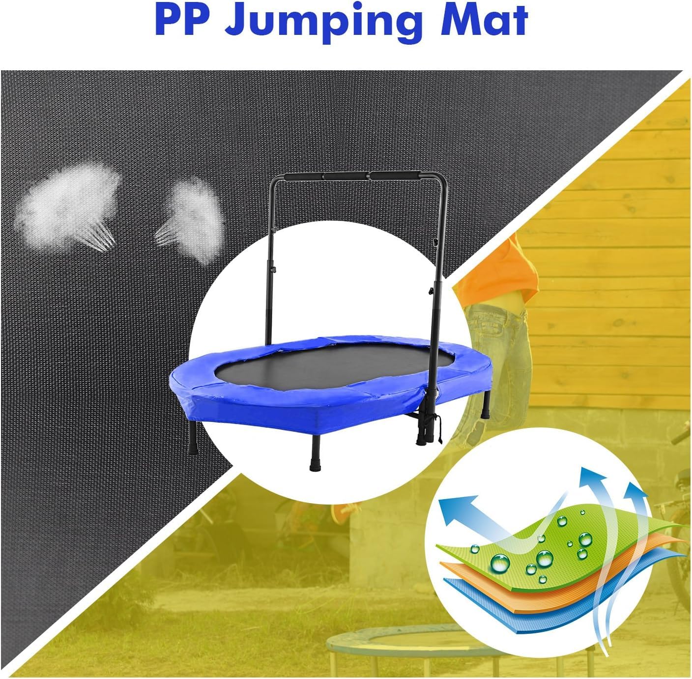 Ancheer Mini Trampoline for Kids Indoor, Double Kids Trampoline with Adjustable Center Handlebar, 56"X36" Rebounder Trampoline Foldable, Max Load 220 LBS,Blue