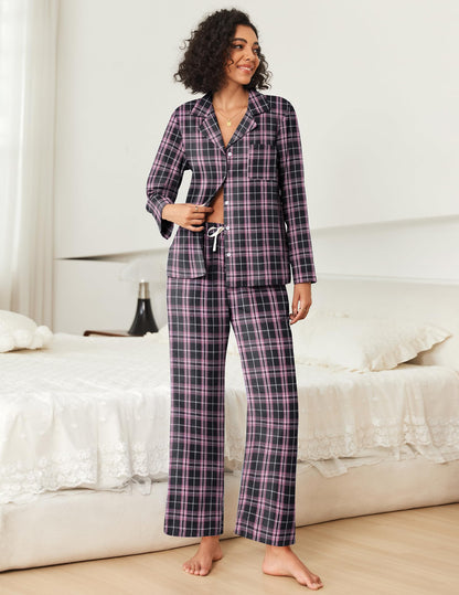 Ekouaer Pajamas Set for Womens 2 Piece Cotton Plaid Loungewear Long Sleeve Sleepwear Soft Button Down Shirts Pjs with Pockets