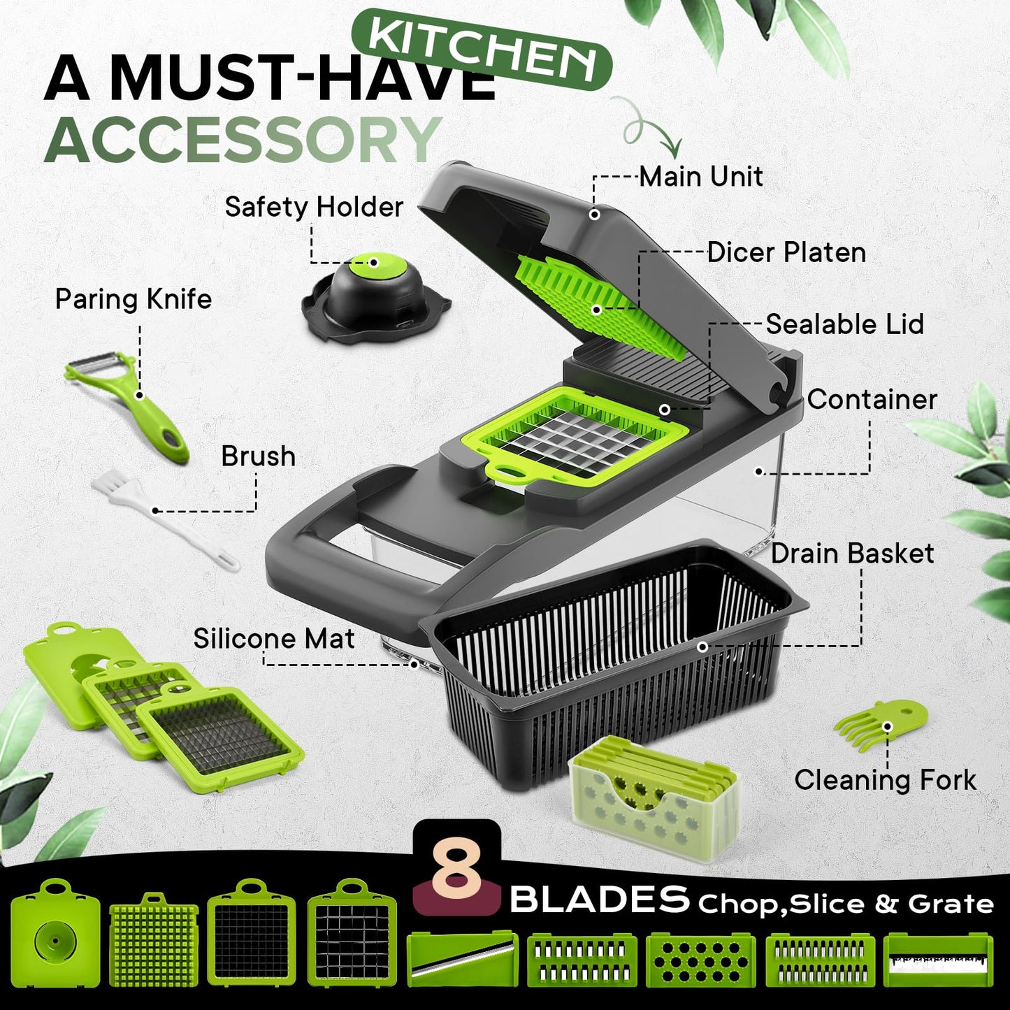 Vegetable Chopper, Raipeu 14 in 1 Multifunctional Food Chopper With Vegetable Peeler, Kitchen Vegetable Slicer Dicer Cutter with Container, Chopper for Onion Carrot Cucumber(Grey)