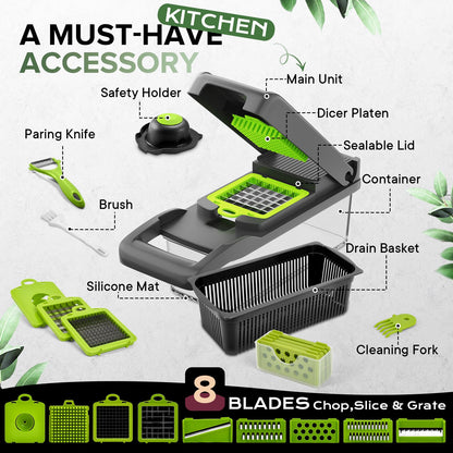 Vegetable Chopper, Raipeu 14 in 1 Multifunctional Food Chopper With Vegetable Peeler, Kitchen Vegetable Slicer Dicer Cutter with Container, Chopper for Onion Carrot Cucumber(Grey)