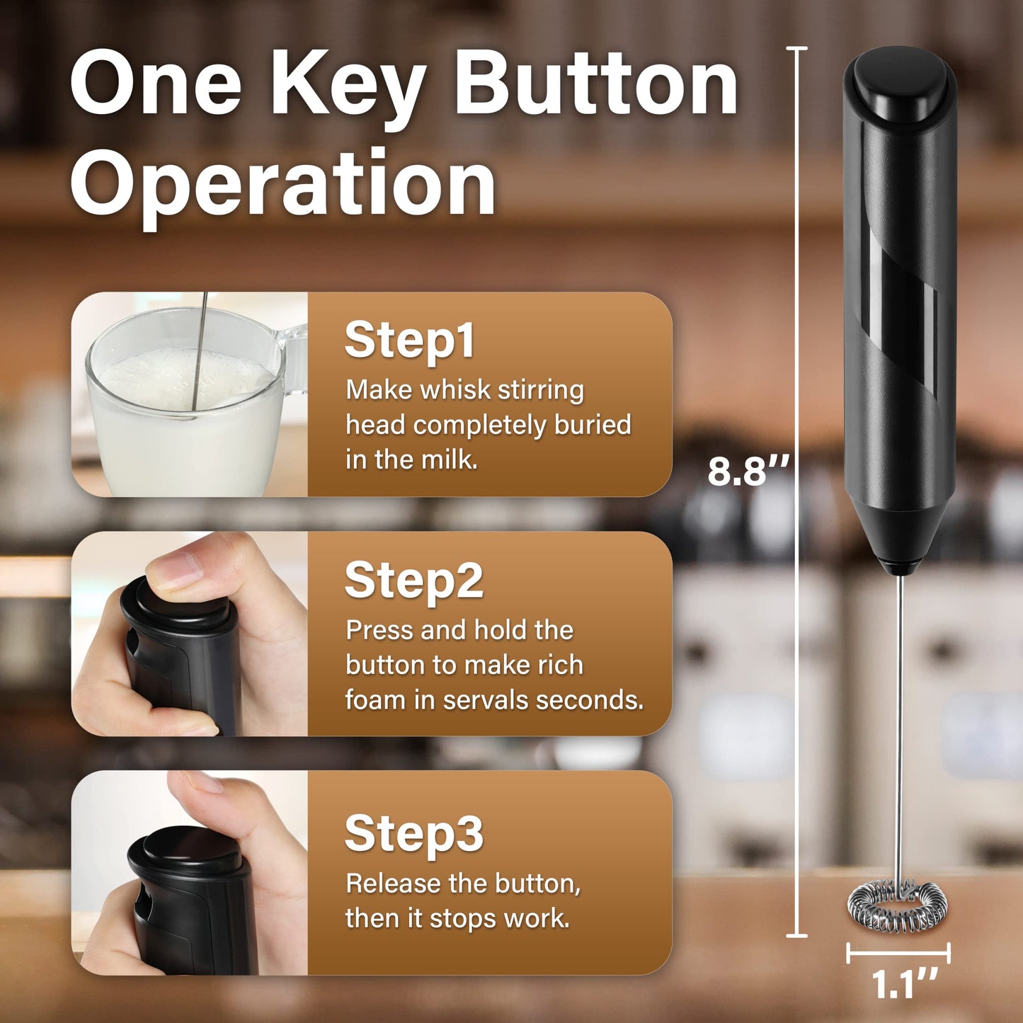 YSSOA Electric Milk Frother Handheld with Stainless Steel Stand Battery Operated Whisk Drink Mixer for Coffee, Frappe, Latte, Matcha, Hot Chocolate, Black (2 Pack, Black)