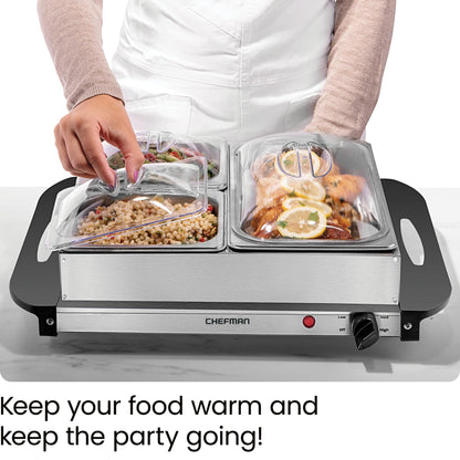 Chefman Electric Buffet Server + Warming Tray w/Adjustable Temperature & 3 Chafing Dishes, Hot Plate Perfect for Holidays, Catering, Parties, Events & Home Dinners, 14" x 14" Surface, Stainless Steel