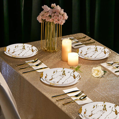 JOLLY PARTY 180PCS Disposable Dinnerware Set 30 Guest, 60 White and Gold Plastic Plates, 30 Plastic Silverware, 30 Plastic Cups, Marble Design Dinnerware for Wedding and Parties