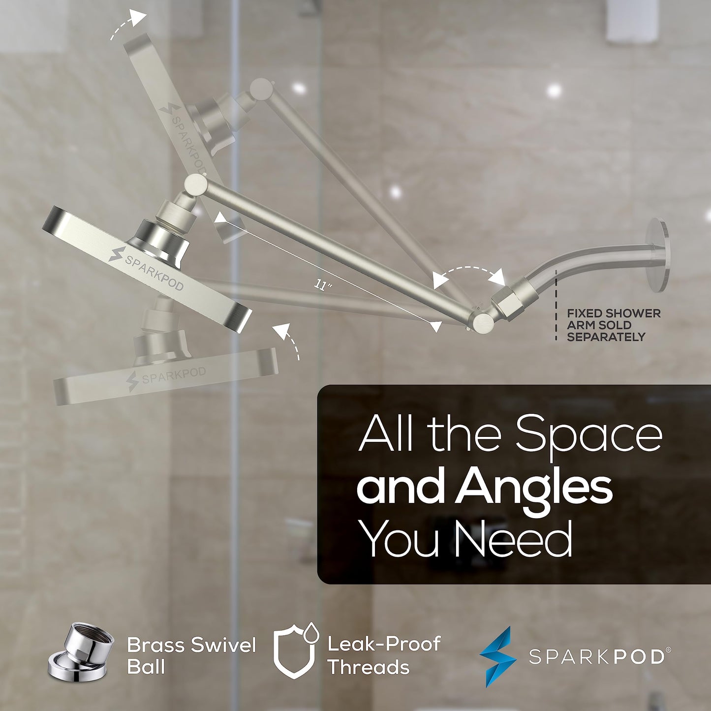 SparkPod Square Rain Shower Head with Shower Head Extension Arm - High Pressure Rain - Luxury Modern Look - No Hassle Tool-less 1-Min Installation (11" Shower Arm Extension, Elegant Brushed Nickel)