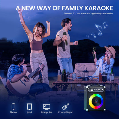 Karaoke Machine, Portable Bluetooth Speaker with 2 Wireless Microphones for Adults Kids with LED Lights, PA System Speaker Supports Echo/USB/TF/AUX Stereo Sound Enhanced Bass for Home Party Birthday