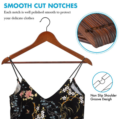 JS HOME Wooden Hangers 20 Pack, Strong Wood Suit Hangers with Extra Smooth Finish, Precisely Cut Notches and 360 Degree Black Swivel Hook, Solid Wooden Clothes Hangers for Shirt Coat Jacket Dress