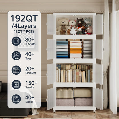 JONZEN 192Qt Plastic Storage Bins with Lid, 48GAL Closet Organizer and Stackable Storage Drawer, Collapsible Clear Box with Wheels, Clothes Cabinet Containers for Home Garage, 4Pack White