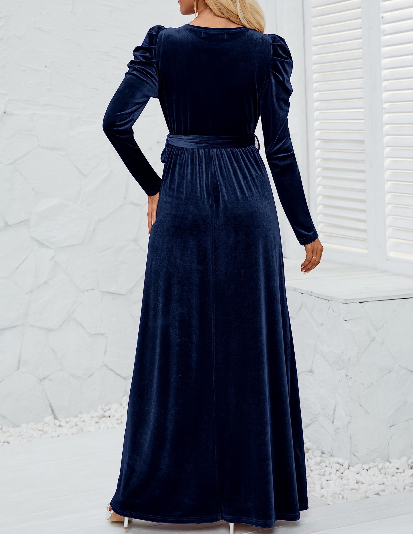 ZESICA Women's Velvet Maxi Dress Long Puff Sleeve Crew Neck Elastic High Waist Cocktail Party Bridesmaid Dresses,Navy,X-Large