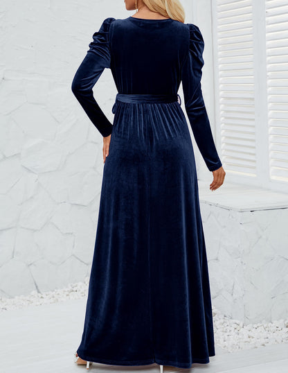 ZESICA Women's Velvet Maxi Dress Long Puff Sleeve Crew Neck Elastic High Waist Cocktail Party Bridesmaid Dresses,Navy,X-Large