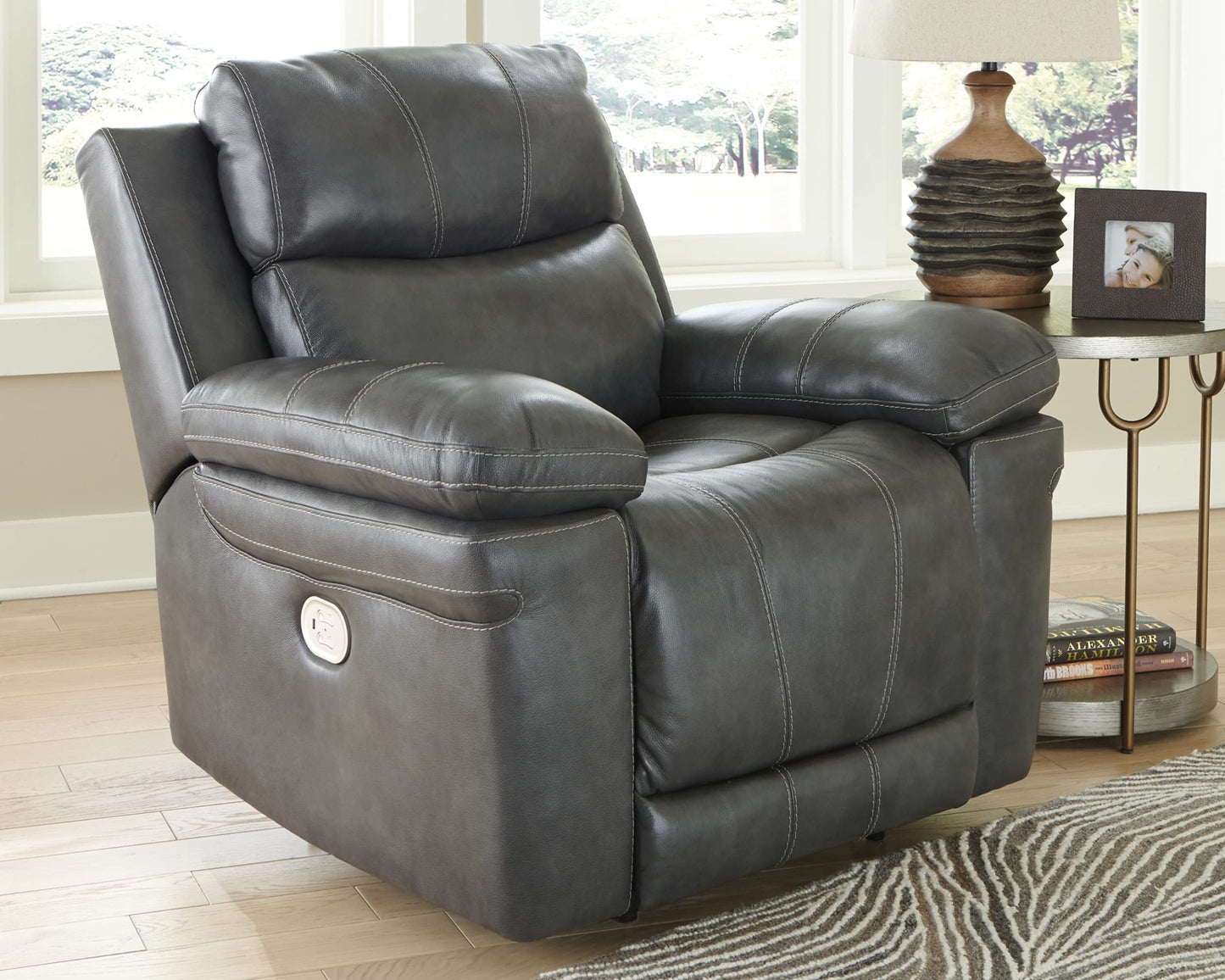 Signature Design by Ashley Edmar Leather Power Recliner with Adjustable Headrest, Gray