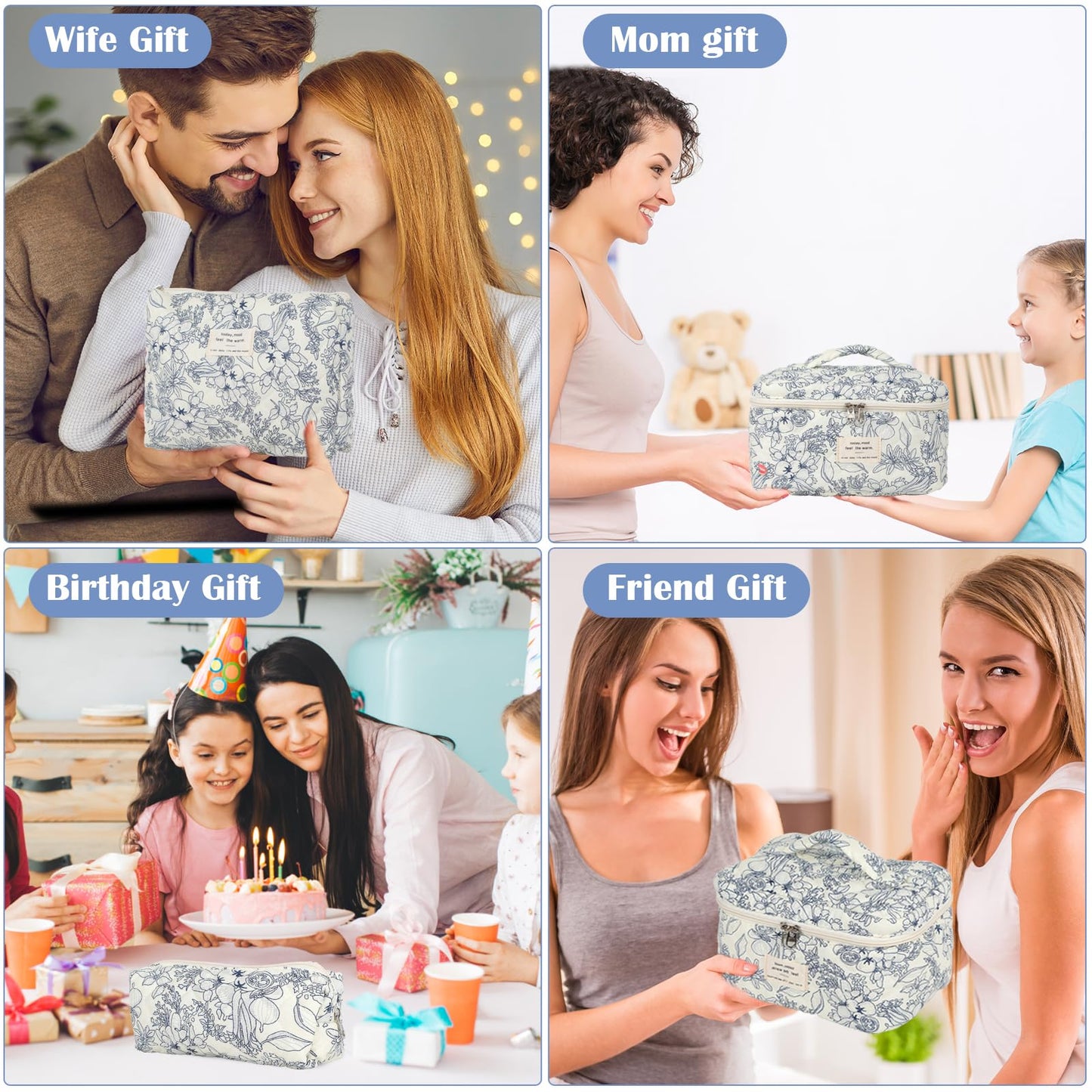 Quilted Floral Makeup Bag Set of 3