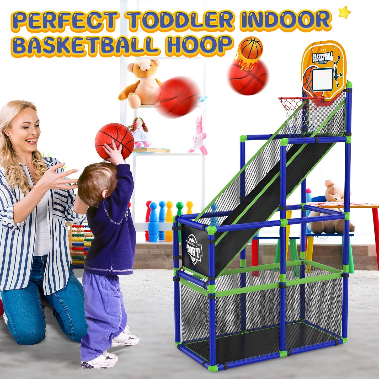 EagleStone Toddler Arcade Basketball Hoop Game Indoor, Ajustable Height Indoor Basketball Hoop with Storage Design for Kids,Perfect Sports & Outdoor Play Toys for Kids Age 3-4 5-4 4-8