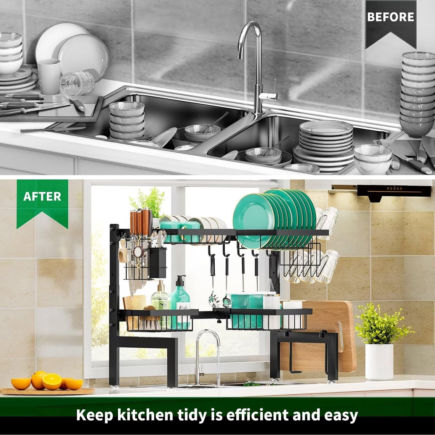 MOUKABAL Over The Sink Dish Drying Rack -Adjustable Over Sink Dish Rack- Length(25.9"-33.4")-Space-Saving -Multifunctional Over The Sink Dish Drainer Drying Rack for Kitchen Counter-Metal,Black