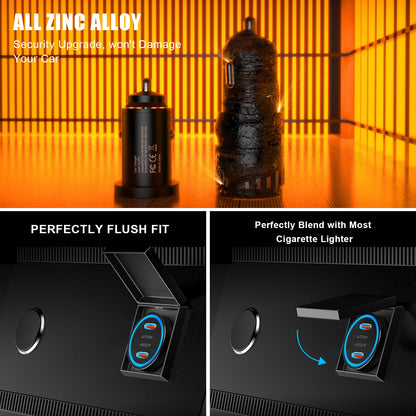 [MFi Certified] iPhone 15 Fast Car Charger, Mini 60W All Metal Dual USB C Car Charger Fast Charging Adapter & 2 Pack USB C to USB C Cord for iPhone 15/15 Plus/15 Pro/15 Pro Max/iPad Pro/Air/Mini