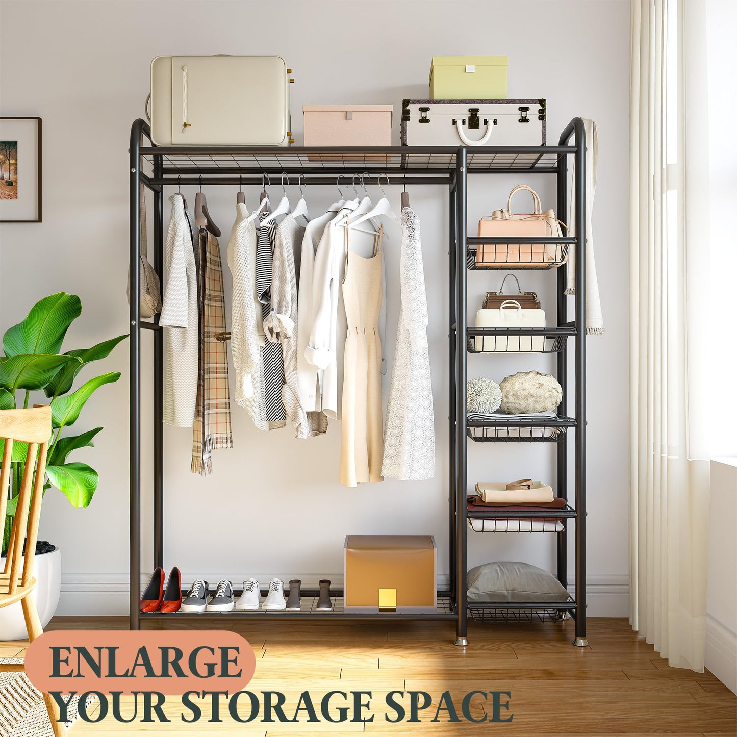 Portable Clothing Rack with Baskets and Shelves