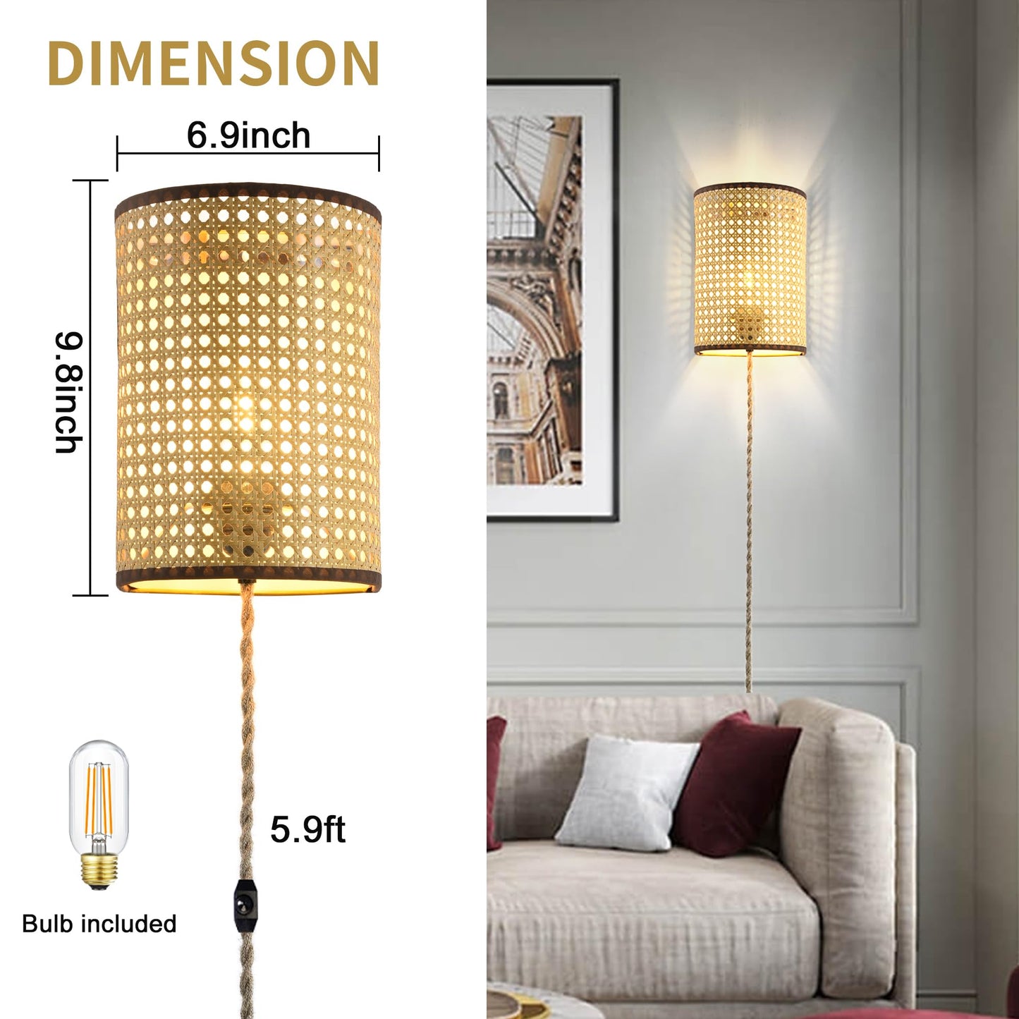 XININSUN Wall Sconces Set of Two, Plug in Wall Sconces,Rattan Lampshade,Wall Lamp with Plug in Cord and Dimmable Switch,Wall Lights Fixtures for Bedroom Living Room Hallway.