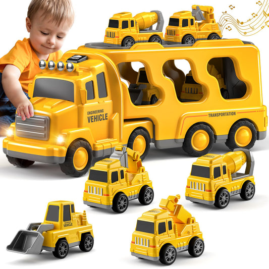 GoAnnieGo Construction Truck Toys Cars for Toddlers 3-5 - 5-in-1 Friction Power Vehicle Toy 3 4 5 6 Year Old Boys, Cranes Bulldozers Transport Trucks, Christmas Birthday Gift for Age 3-9 Boys & Girls