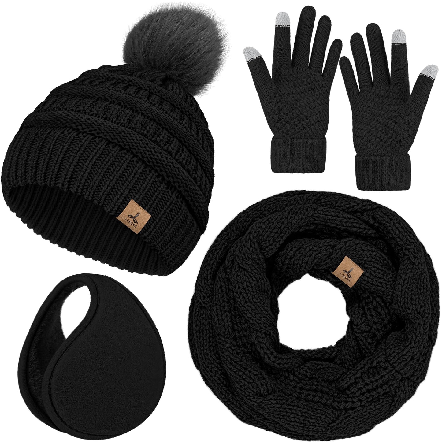 Winter Hat Scarf Gloves and Ear Warmer, Warm Knit Beanie Hat Touch Screen Gloves Set Winter Gifts Neck Scarves for Women Black