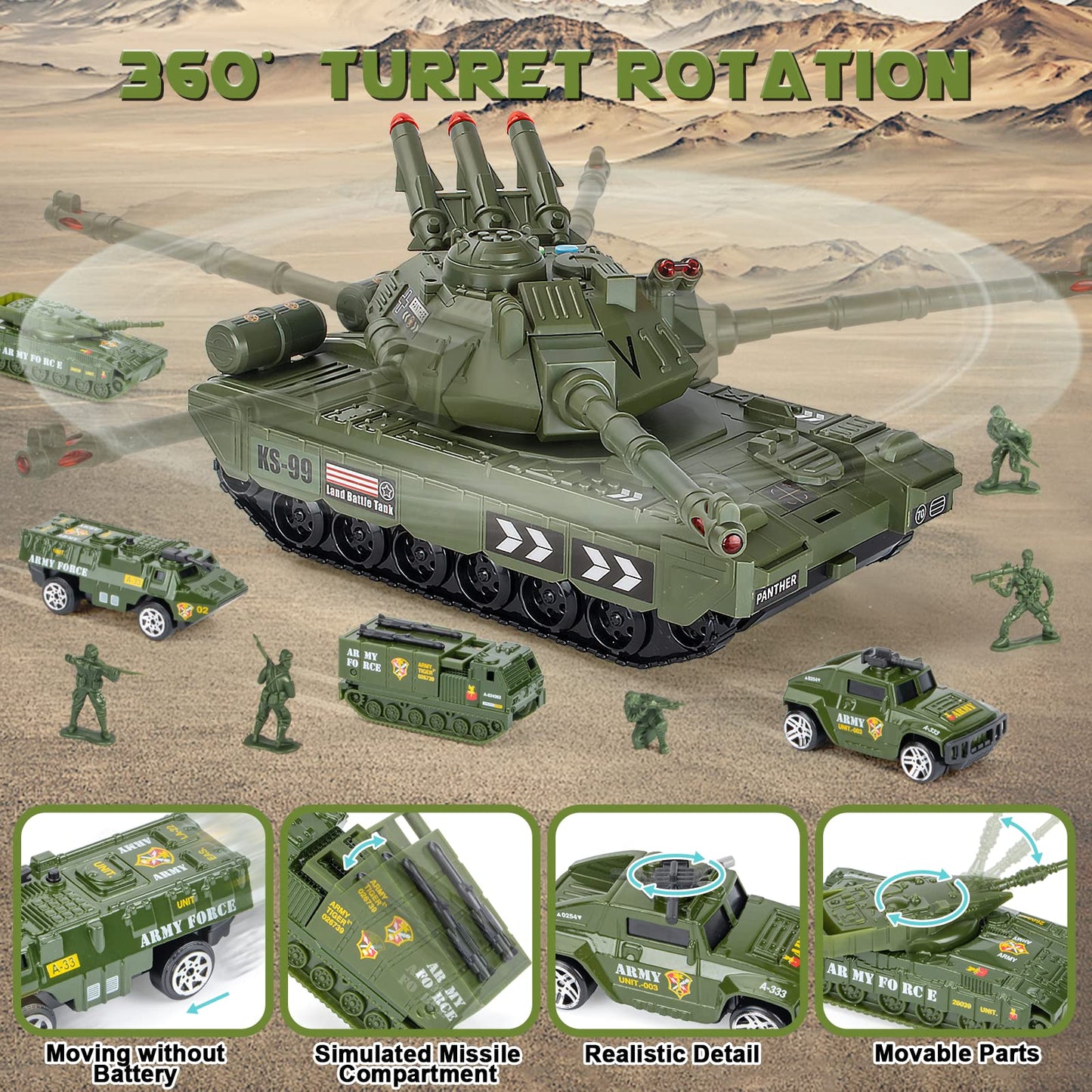 UNIH Toy Sets, Military Transport Tank and 4PCS Vehicles, Tank & Vehicle Playset with 4 Sound and Launcher Birthday Gift for Kids Boys 3 4 5 6 7 Years Old ( Army Men Soldiers Included)