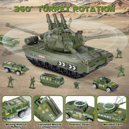 UNIH Toy Sets, Military Transport Tank and 4PCS Vehicles, Tank & Vehicle Playset with 4 Sound and Launcher Birthday Gift for Kids Boys 3 4 5 6 7 Years Old ( Army Men Soldiers Included)