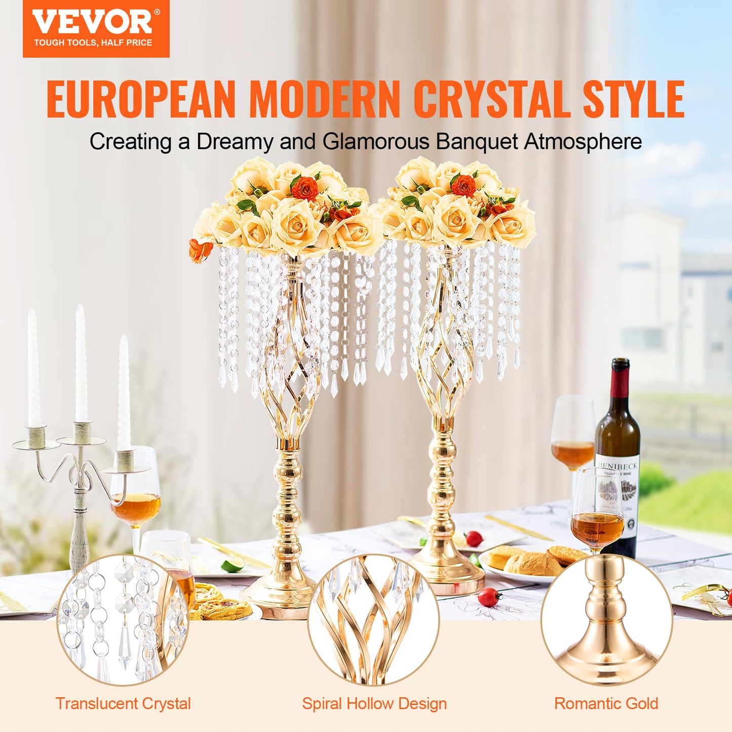 VEVOR Gold Crystal Wedding Centerpieces 2PCS 55cm