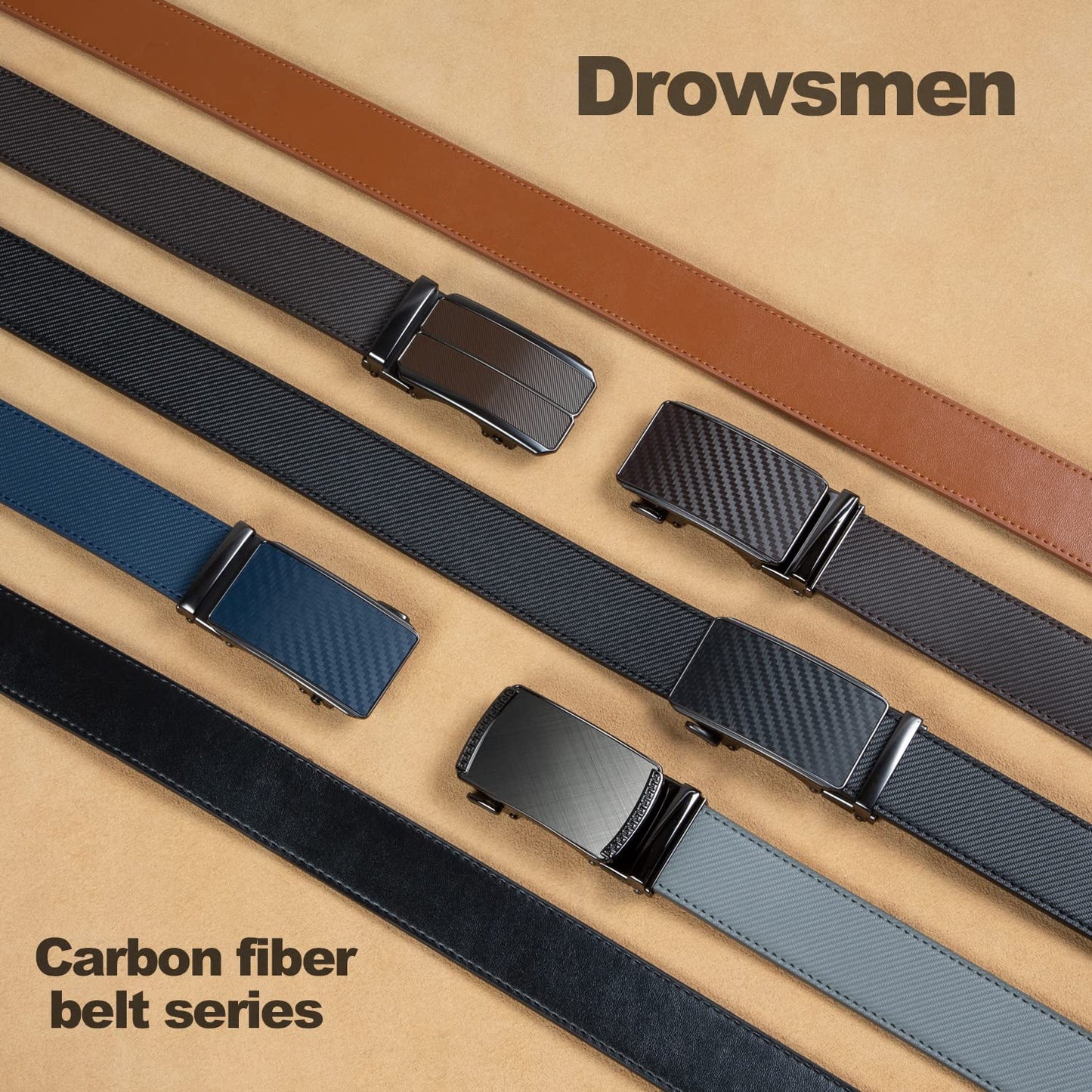 Drowsmen Belt men,leather ratchet belt 1 3/8" with Comfort Click Sliding Automatic Buckle in gift box, Adjustable belt Trim to Fit (Carbon Fiber H Belts, 32"-38" Waist Adjustable)