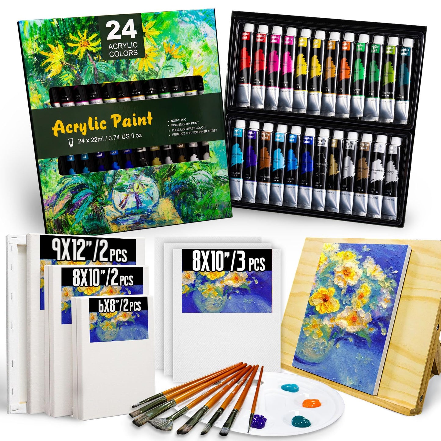 Acrylic Paint Set with Canvases and Easel