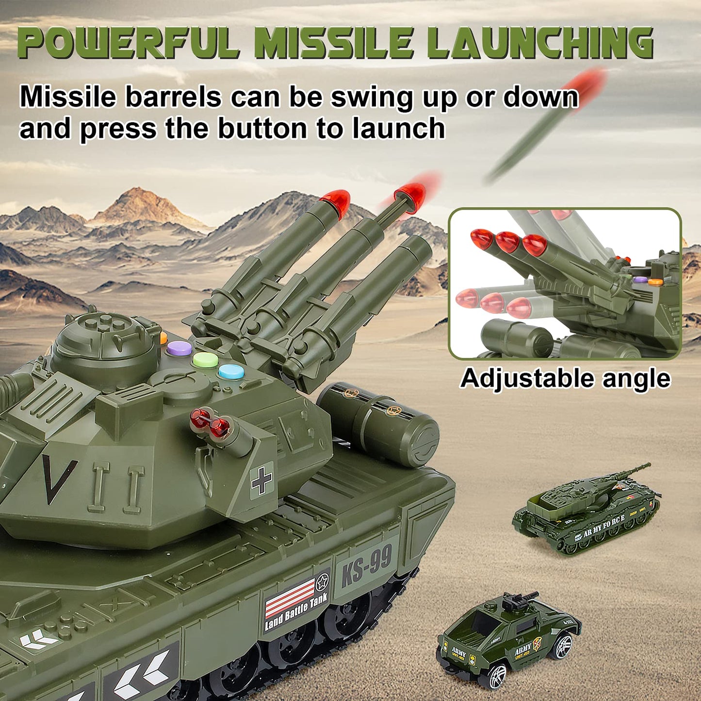 UNIH Toy Sets, Military Transport Tank and 4PCS Vehicles, Tank & Vehicle Playset with 4 Sound and Launcher Birthday Gift for Kids Boys 3 4 5 6 7 Years Old ( Army Men Soldiers Included)