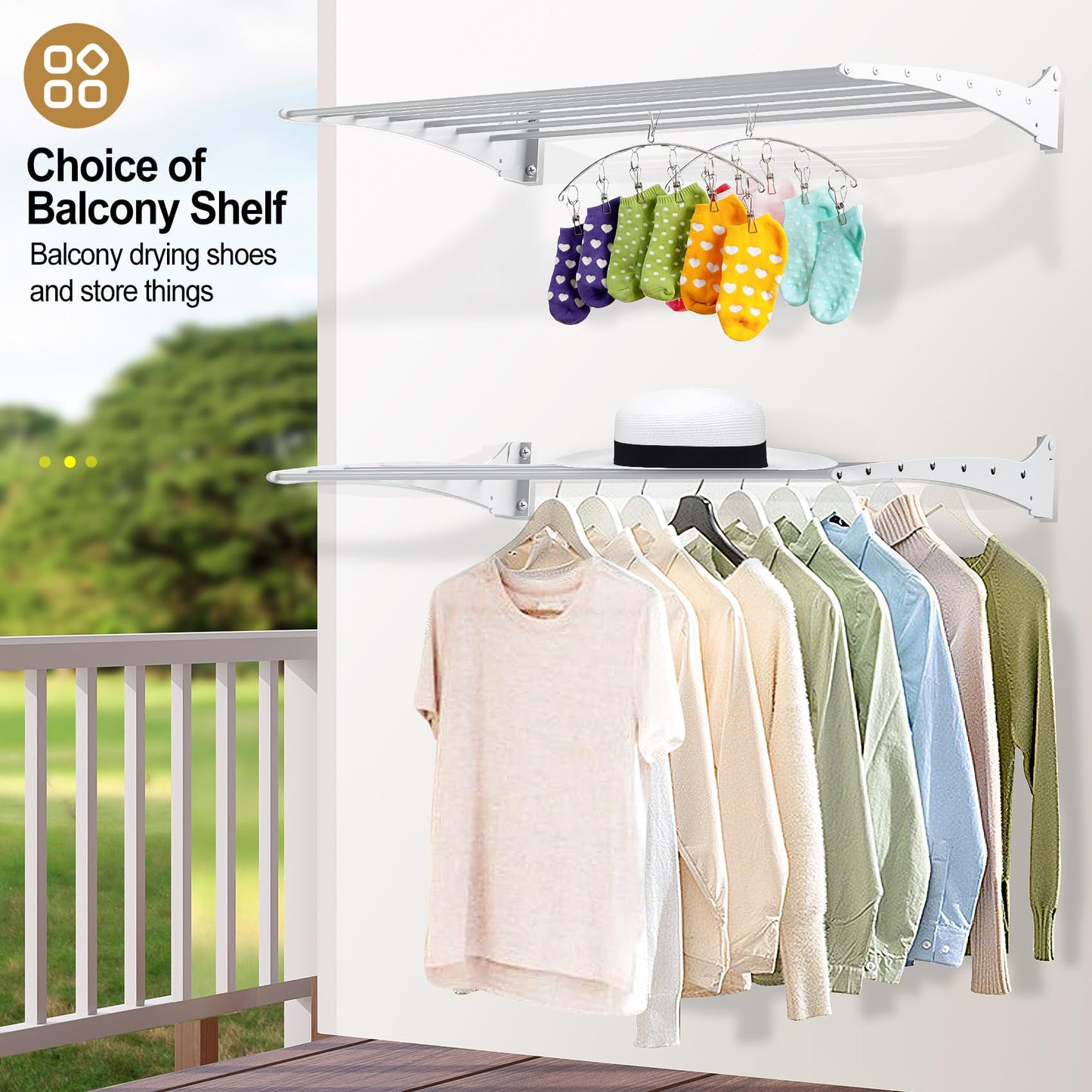 Wall Mounted Drying Rack, 90 Degree Foldable 31.5" Length Laundry Drying Rack, 60lb Bearing Capacity Clothes Drying Rack with 7 Aluminium Rods for Bathroom, Bedroom, Balcony (40inch)
