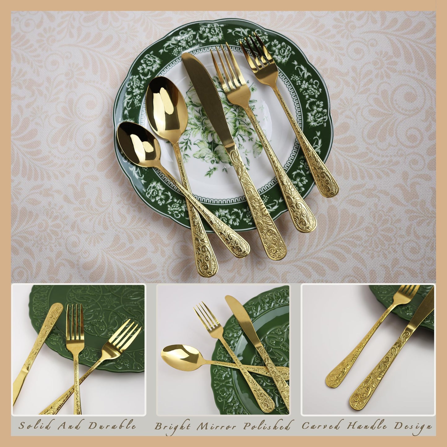 Runfly Vintage Carved Gold Stainless Steel 20 Pieces Flatware Set, Golden Silverware Set, Modern Embossed Cutlery Set Utensils Including Fork Spoon and Knife
