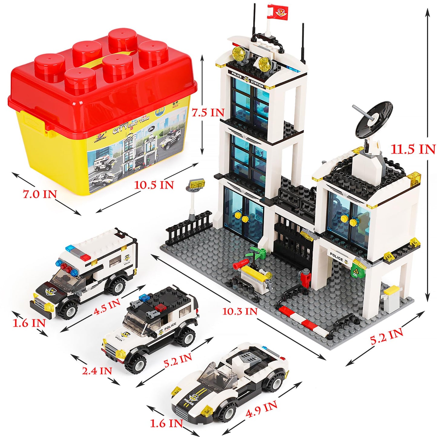 736 Pieces City Police Station & Car Building Blocks Set, with 3 Police Car Toy, Cop Patrol Car, Escort Vehicle, Prison Car, with Storage Box, City Sets Toy Bricks Kit, Gift for Boys Girls 6-12