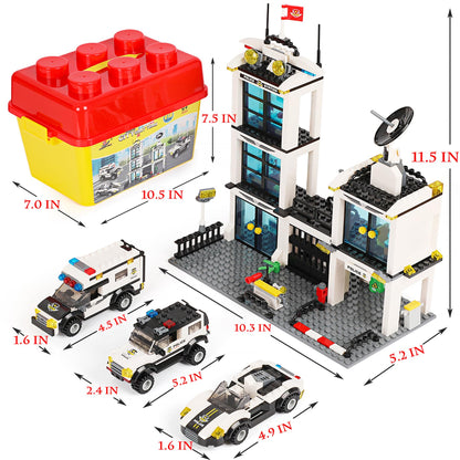 736 Pieces City Police Station & Car Building Blocks Set, with 3 Police Car Toy, Cop Patrol Car, Escort Vehicle, Prison Car, with Storage Box, City Sets Toy Bricks Kit, Gift for Boys Girls 6-12