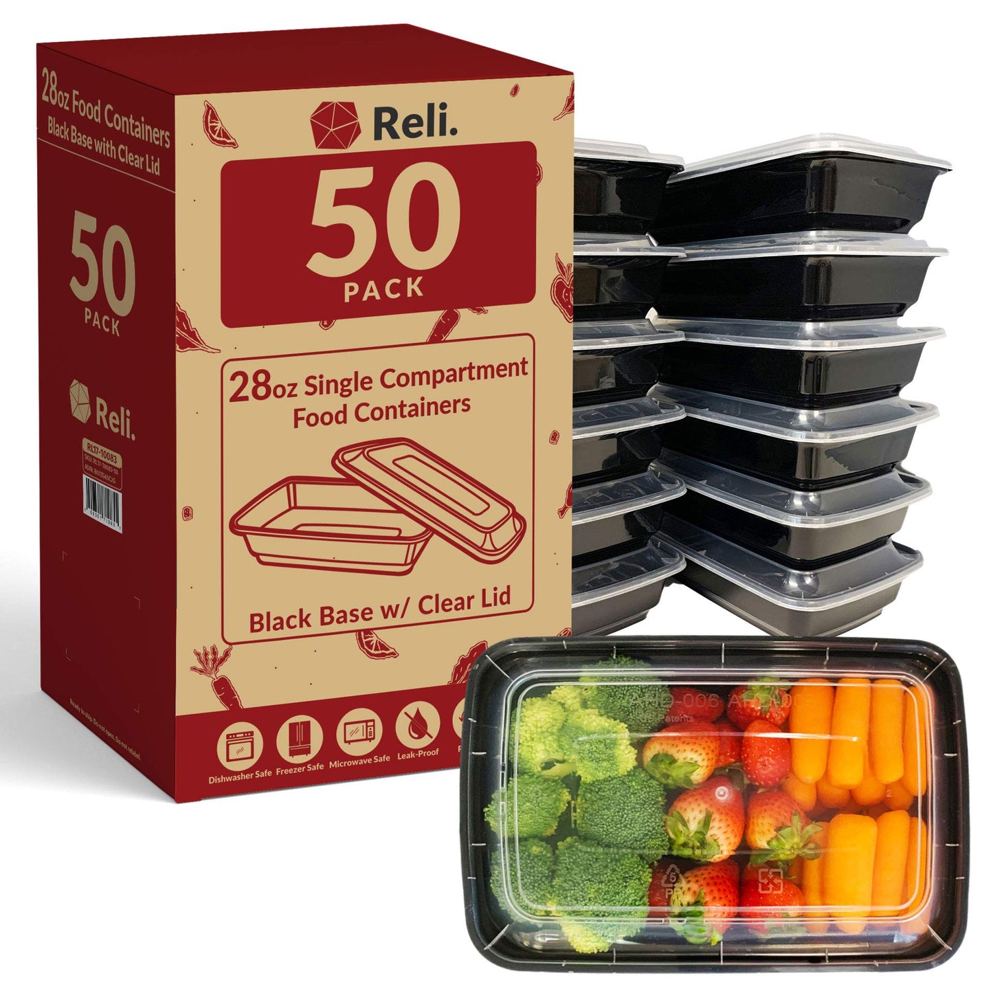 Reli. 28 oz Meal Prep Containers w/Lids - 50 Pack | Leftover To Go Containers/Takeout | Microwave Safe | Disposable Containers for Food Storage | Take Home/Lunch/Meal Planning | Plastic | Black