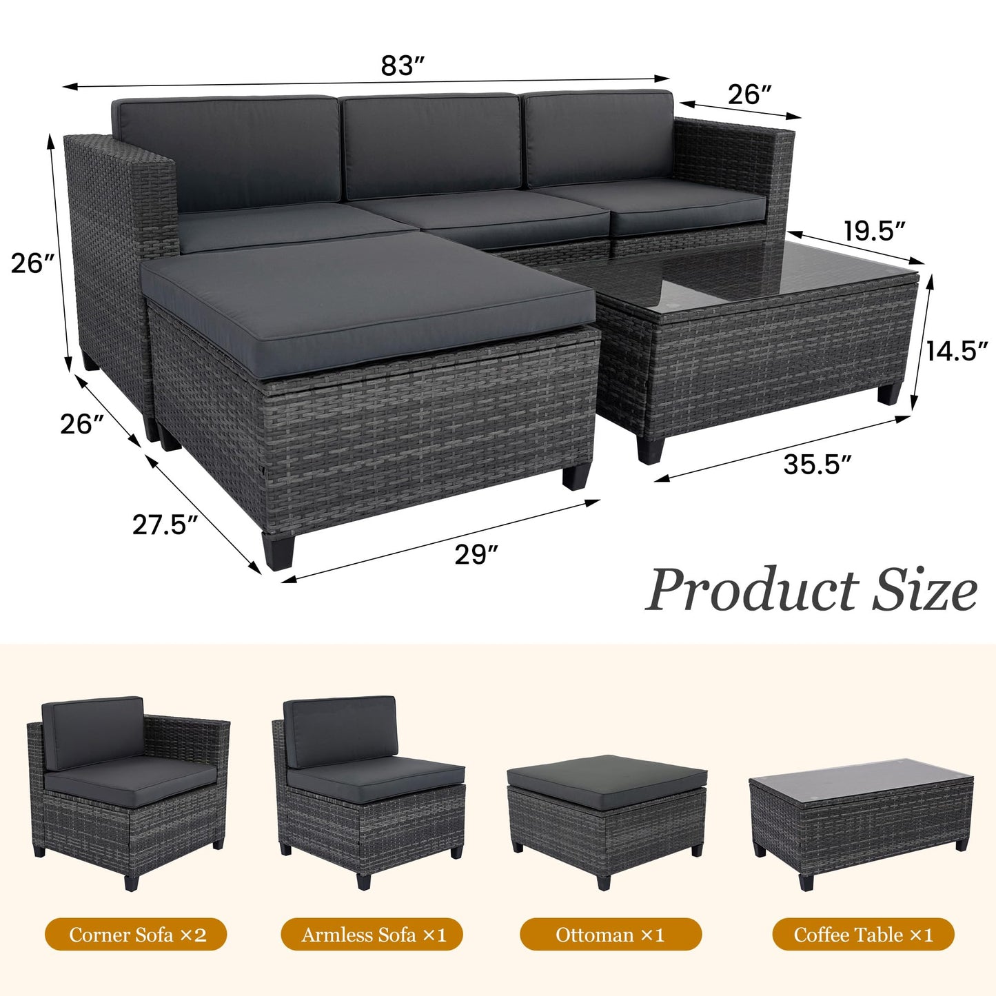 Outdoor Grey Rattan Patio Sectional Sofa Set